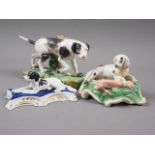 A 19th century bone china model of a pointer (tail restored), 4" high, a similar model of spaniel