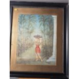 F Feldton?: watercolours, Egyptian female carrying fruit, 21" x 16", in ebonised frame, and a