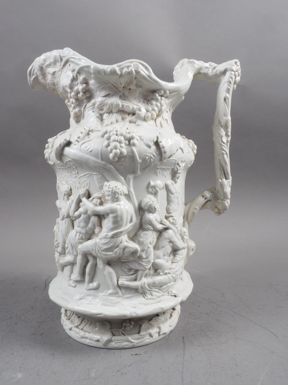 A Charles Meigh 19th century relief moulded jug with Bacchus and Silenus decoration, 10 1/4" high, a - Image 2 of 5