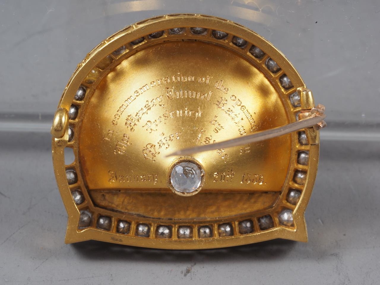 A yellow metal brooch, formed as the Mersey tunnel, engraved to the back "In commemoration of the - Image 5 of 5