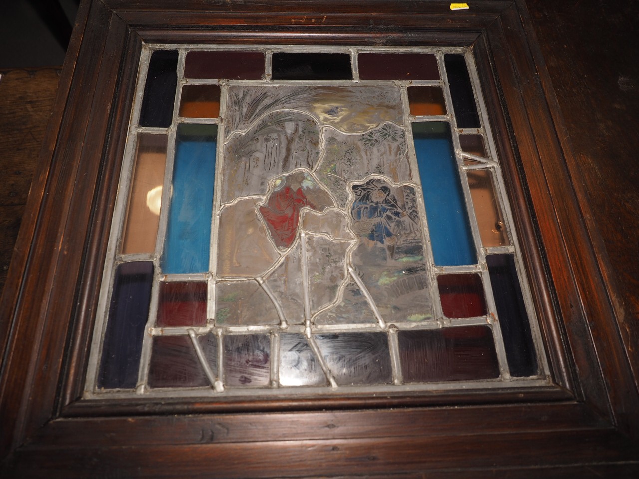 An early 20th century back lit stained glass Flight into Egypt  and a leaded window, !6th coat of - Image 2 of 5