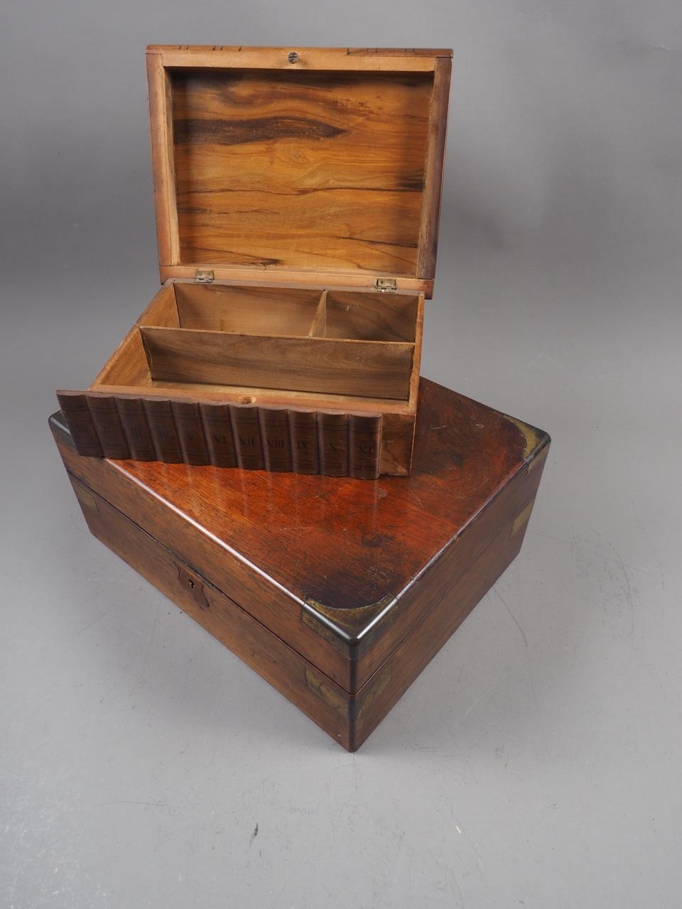 A 19th century rosewood workbox with part fitted interior, 12" wide, and an olive wood and inlaid - Image 2 of 3