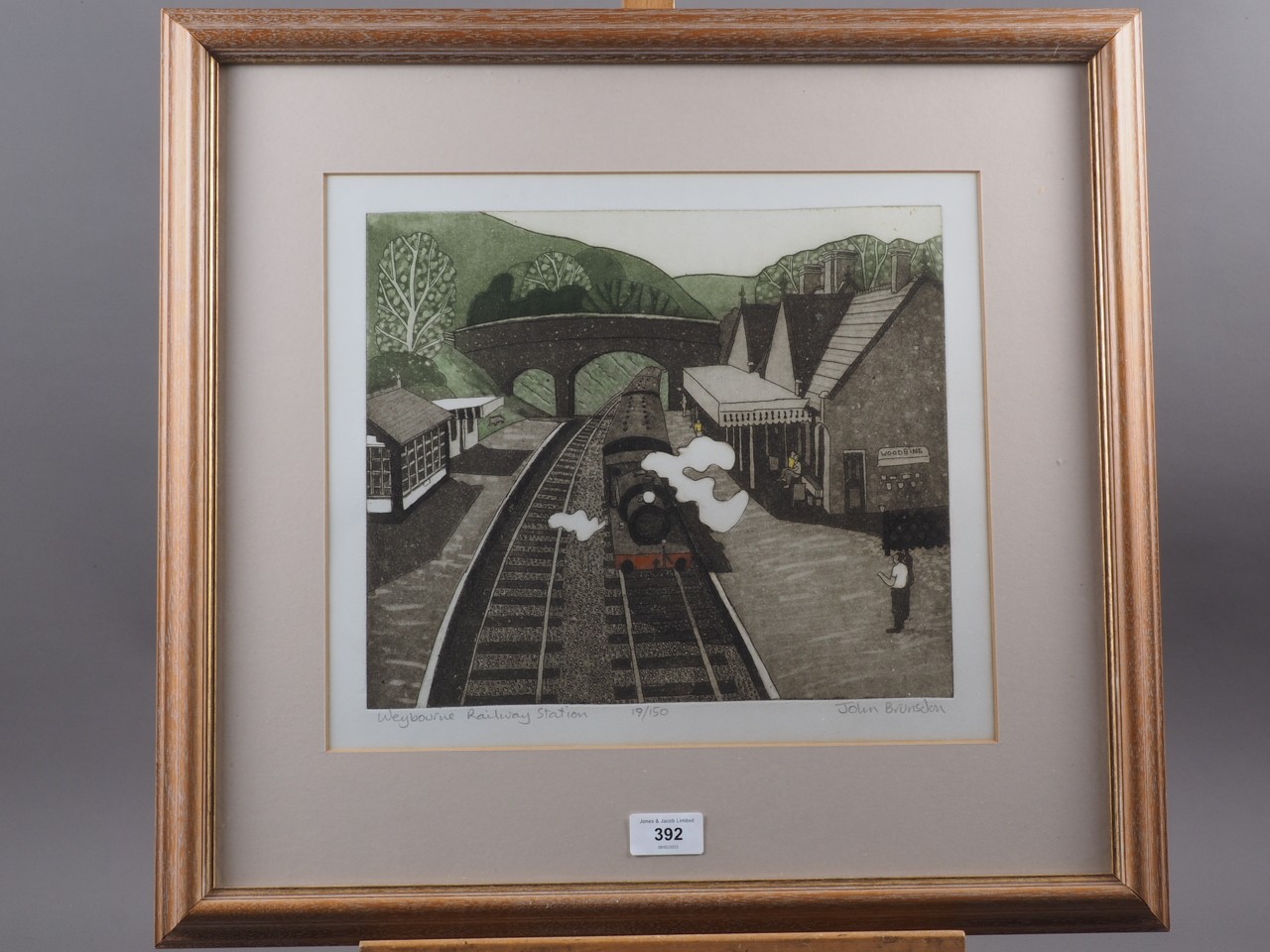 John Brunsdon: a limited edition print, "Weybourne Railway Station", in wooden strip frame