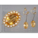 A yellow metal, pearl and citrine brooch, and a similar pair of yellow metal and citrine drop