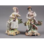 A pair of 18th century Staffordshire pottery figures after Derby originals, bagpipe player and