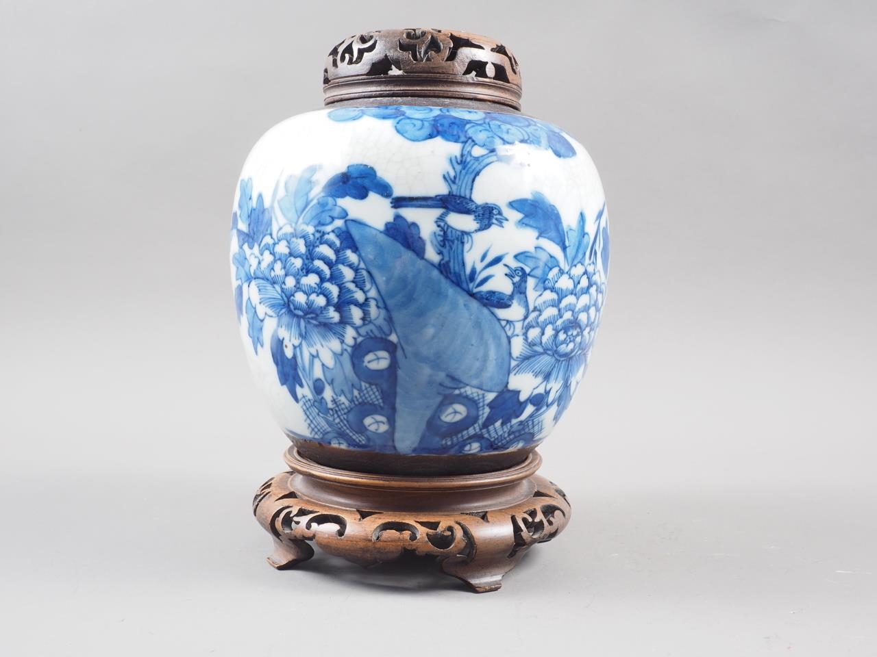 A Chinese blue and white crackle glazed ginger jar with floral decoration, and associated carved - Image 4 of 16