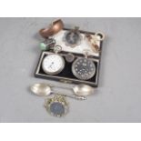 Two nickel cased pocket watches, two silver teaspoons and a small quantity of costume jewellery, etc
