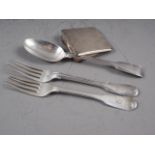 A silver dessert spoon, two silver forks and an engine turned silver compact, 4.9oz troy approx