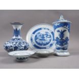 A Chinese blue and white plate with figure in a landscape decoration, 8 1/2" dia (chipped), two