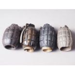 An inert Mills No 5 MK I grenade by WW&S Ltd 9/16, another No 5 MK I, by WB 1916, and two similar