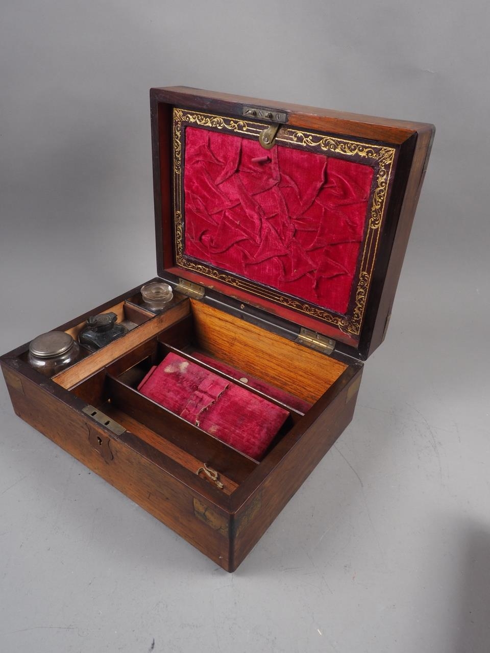 A 19th century rosewood workbox with part fitted interior, 12" wide, and an olive wood and inlaid - Image 3 of 3