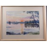 Rochoux: watercolours, "Soleil Couchant", sunset lake scene, in stained strip frame