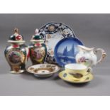 A 19th century Meissen blue and gilt decorated dish, 10 1/2" dia, a pair of Vienna style vases and