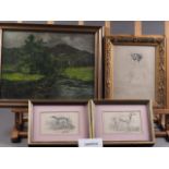 A pair of prints depicting dogs, an oil on canvas landscape and a number of other pictures and