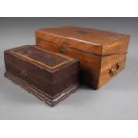 A mahogany and brass bound writing slope, 12" wide, and a mahogany and inlaid collection box, 9"