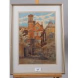 L M Box, 1877: watercolours, Tudor building, 13" x 9 1/2", in gilt frame