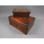 A 19th century rosewood workbox with part fitted interior, 12" wide, and an olive wood and inlaid