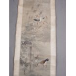 A Japanese watercolour scroll with embroidered storks, 24 3/4" x 19 " overall