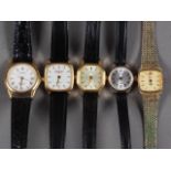 A lady's gold plated Raymond Weil wristwatch with white enamel dial and four other lady's