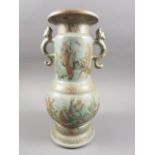 A late 19th century Japanese celadon two-handled vase with figure decoration, 13" high
