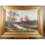 A pair of early 20th century oils on board, landscapes with rivers, 19" x 28", in gilt frames