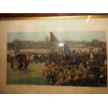 A watercolour/tinted engraving depicting British, Indian and Sikh soldiers parading before the Queen