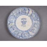 A Victorian blue and white Royal Navy Mess plate, numbered 61, 9 3/4" dia
