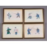 A set of four Chinese bodycolours, on pith paper, martial scenes, 3 1/2" x 5 1/2", in ebonised and