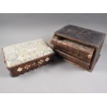 An early 20th century bone and ebony inlaid hinged box with upholstered top, 11 1/2" wide (damages),