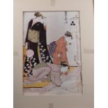 A Japanese colour print, geisha lighting fireworks, unframed