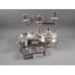 A quantity of silver plate, including a tea kettle and burner, six pewter mugs, dressing table jars,