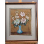 A Chinese watercolour on cork, vase of flowers, 10" x 7 3/4", in strip frame