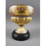 A Helena Wolfsohn Augustus Rex style oil lamp base with figured panels on a yellow ground, 9 1/2"