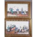 A pair of Chinese bodycolours on pith paper, theatrical scenes?, 7" x 11 1/2", in gilt frames