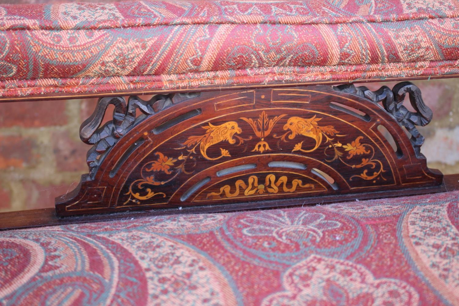 An early 20th century rosewood and line inlaid "conversation" settee with splat and spindle padded - Image 3 of 7