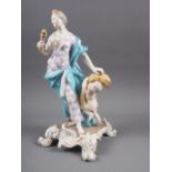 A Meissen porcelain figure of Autumn, in gilt scroll work base, 11" high (restorations to wheatsheaf