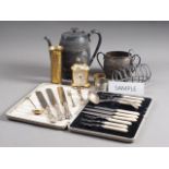 A silver plated four-piece tea and coffee set, assorted loose plated cutlery, a pair of brass vases,