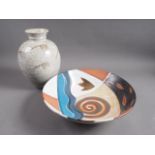A Rupert Andrews studio pottery "crackle glaze" vase, 12" high, and a studio pottery bowl, 14" high