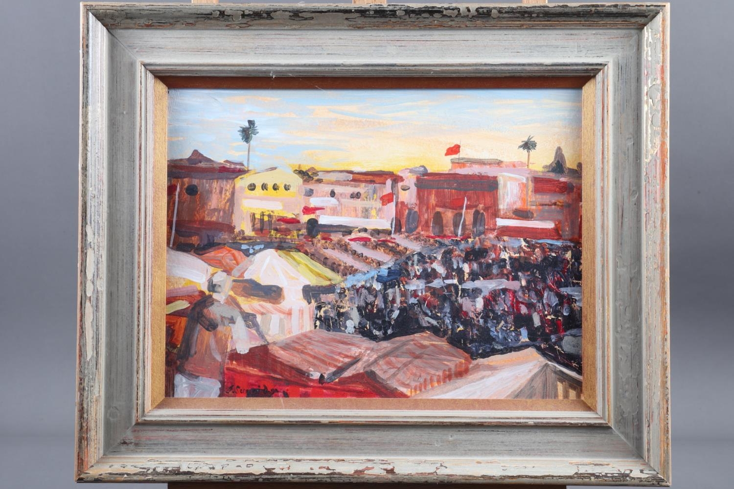 Jerry Sunridge, acrylic on board, "Morocco - Marrakesh Sunset", 9 3/4" x 13", in painted frame