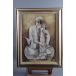 Parshotah Singh: oil on canvas, seated musician, 21 1/2" x 15 3/4", in painted frame