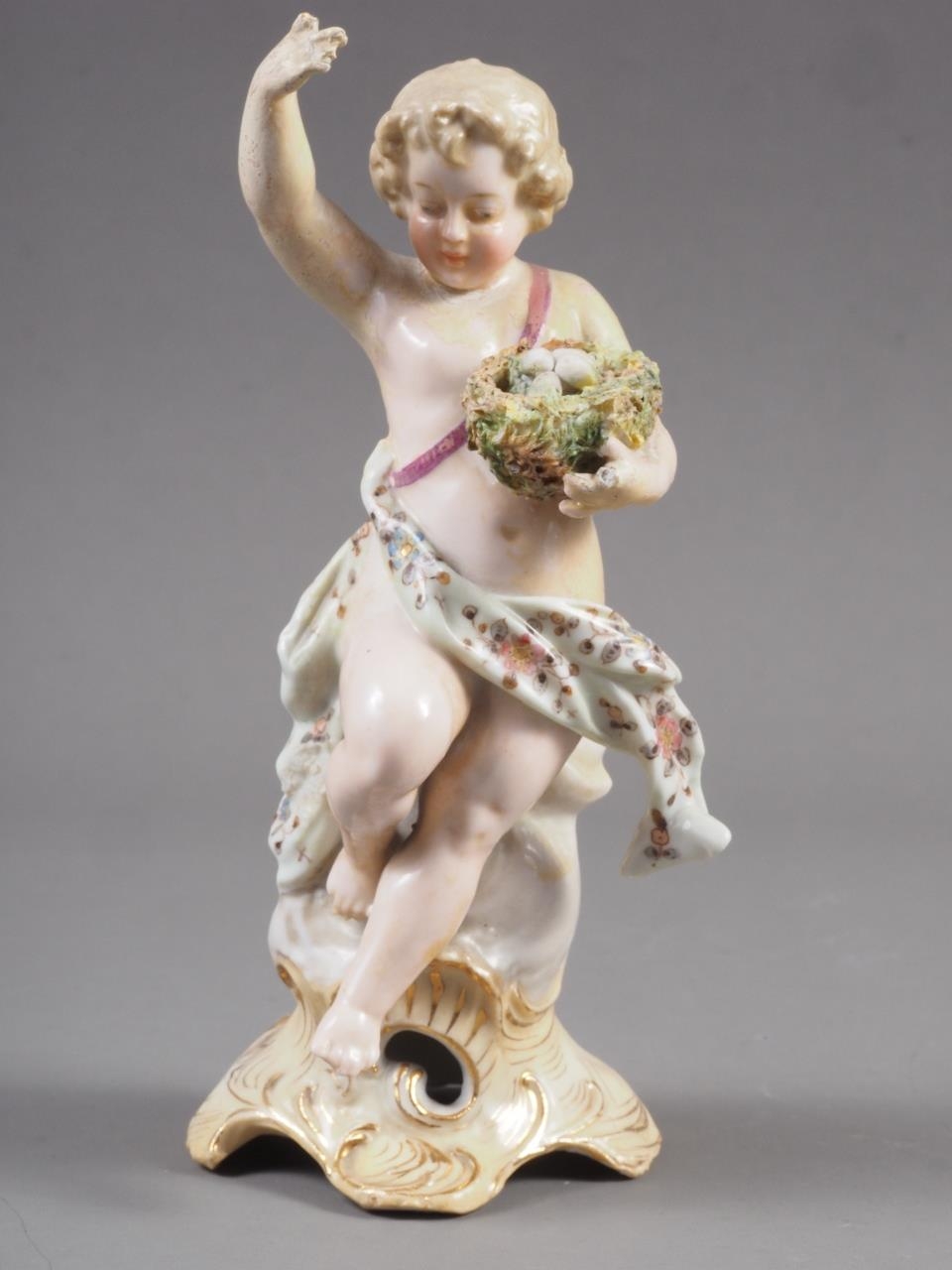 A Derby porcelain cherub with basket of flowers, 4" high, two similar figures, 4 1/2" high and 4" - Image 7 of 11
