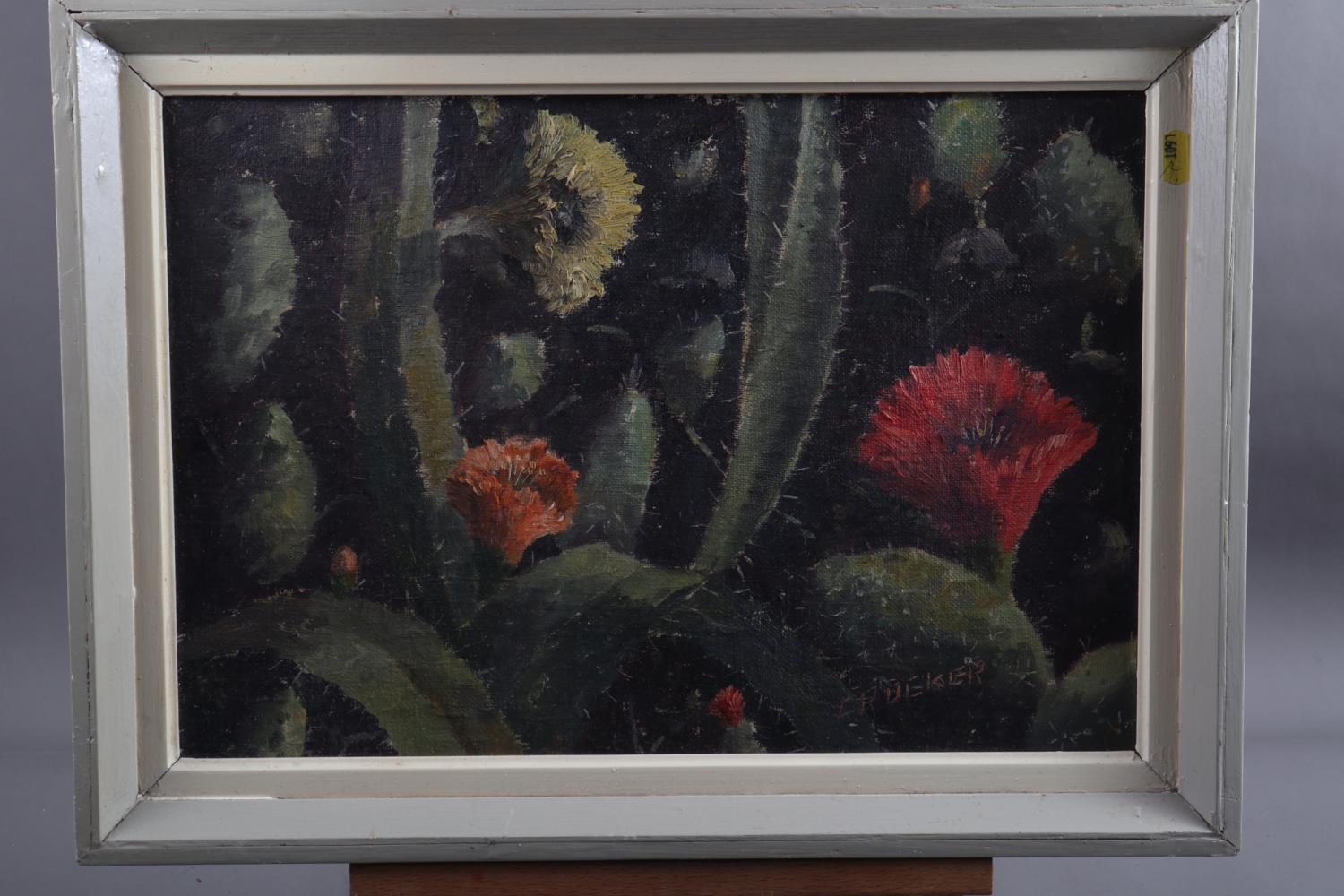 M K Warburton: oil on board, plant in a vase, 23 1/2" x 19 1/2", and another similar oil on board,