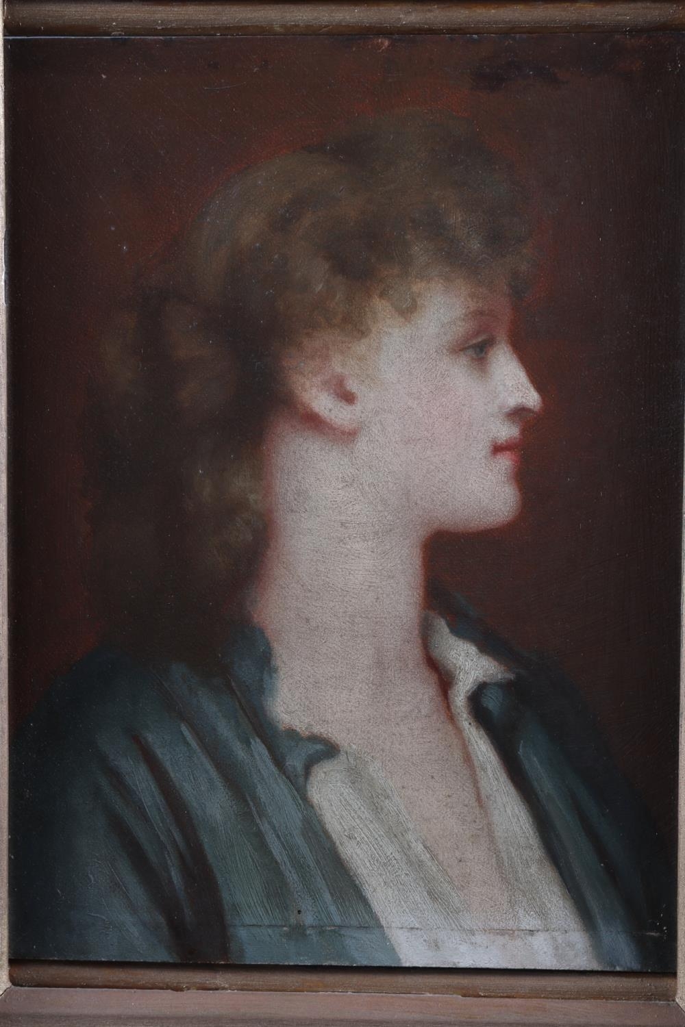 Florence M Heath after Leighton: oil on board, Portrait bust of a girl in profile, 9" x 6 1/2", in - Image 2 of 3