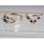 A 9ct gold, diamond and sapphire three-stone dress ring, size P, 3.3g, and a 9ct gold, sapphire