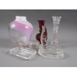 A Barry Cullen art glass vase, 7" high, a clear glass candlestick, a ruby coloured glass vase and