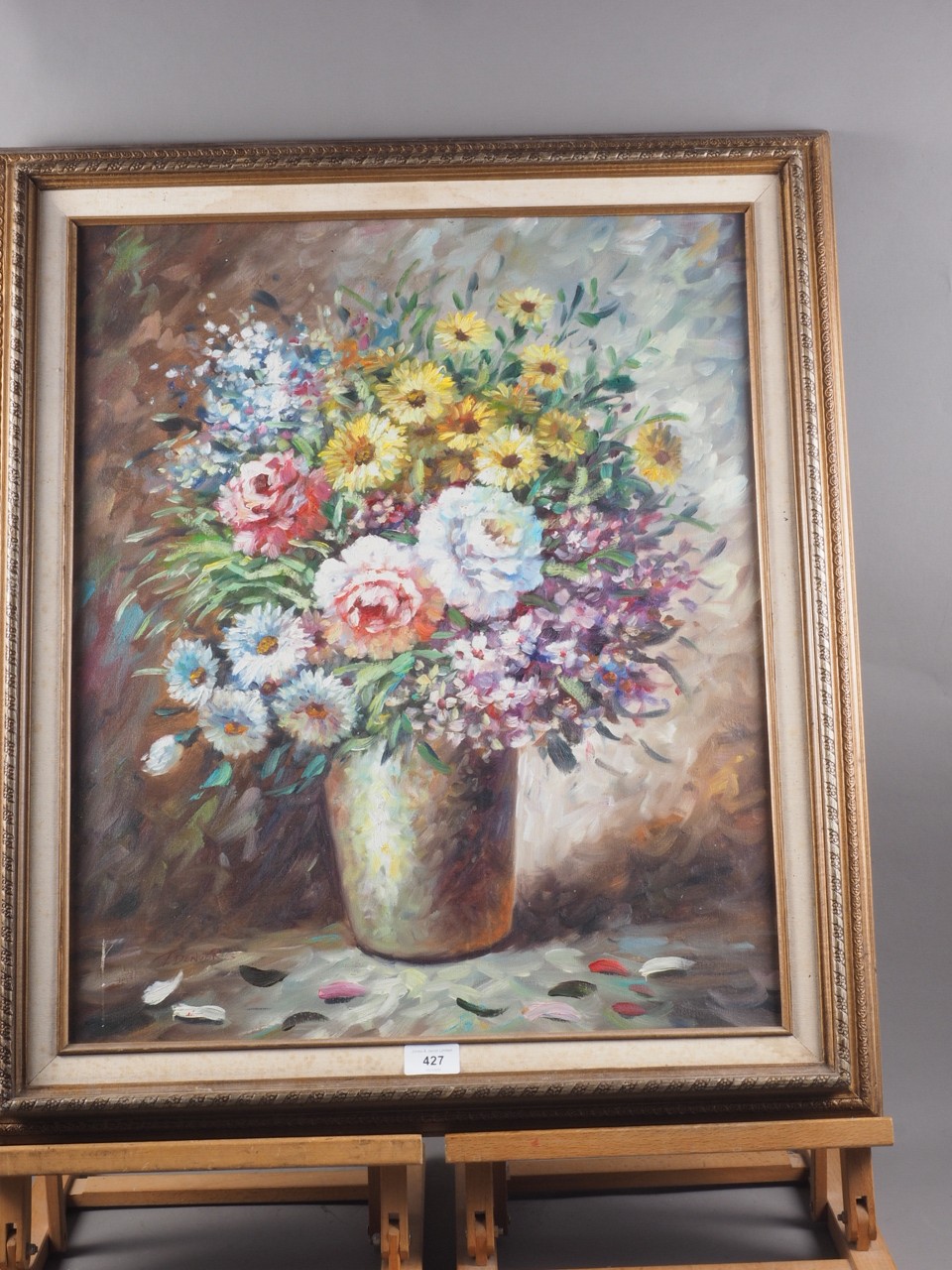 T Denver: oil on canvas, still life summer flowers, 23 1/2" x 19 1/2", in decorated frame