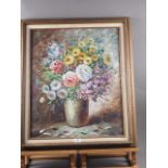 T Denver: oil on canvas, still life summer flowers, 23 1/2" x 19 1/2", in decorated frame