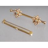 A West German 9ct gold bar brooch, set three illusion set diamonds and another gilt metal brooch,