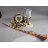 A quantity of brass model birds and other brassware, two mantel clocks and other items