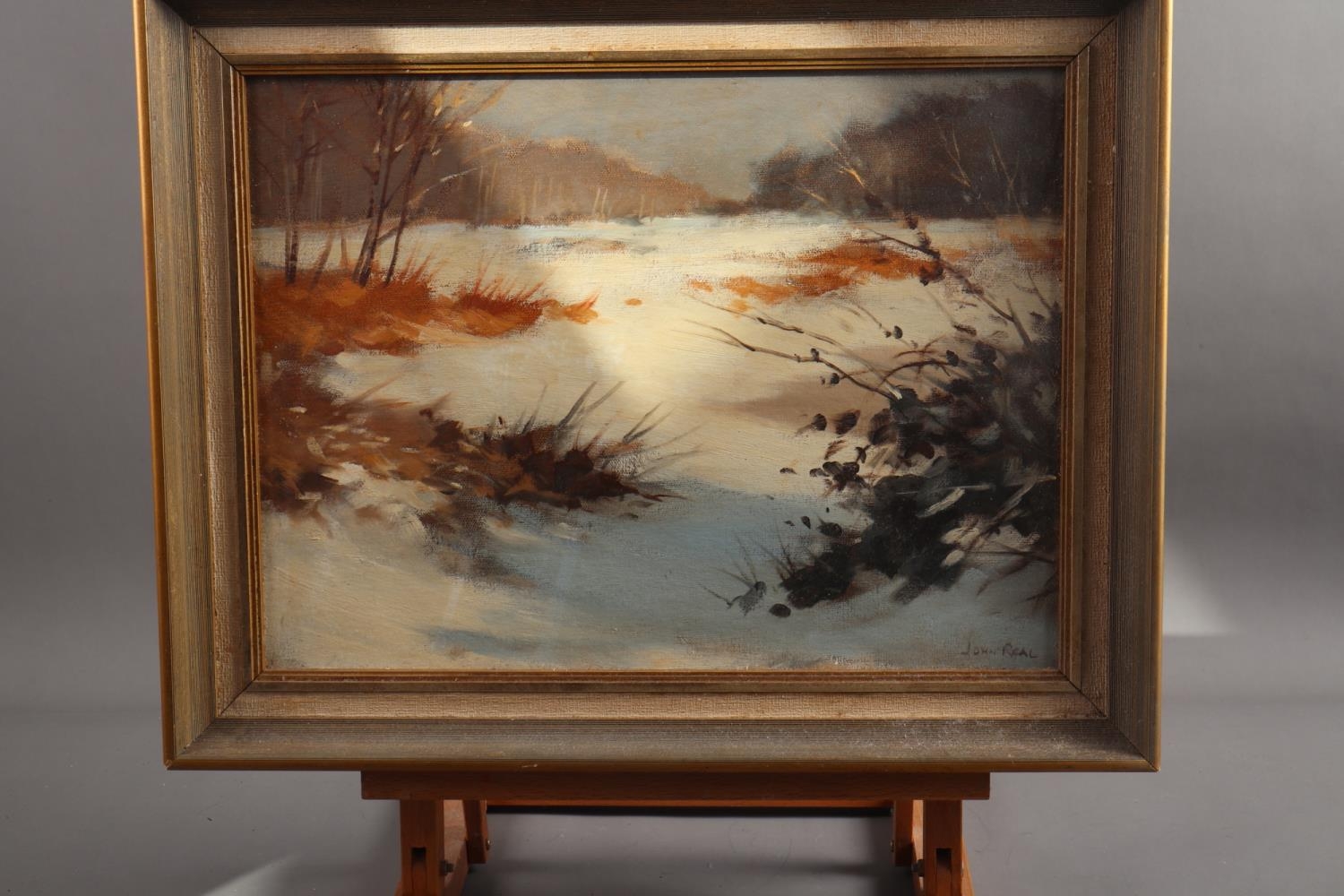 John Real: oil on board, winter landscape, 11 1/2" x 15 1/2", in gilt strip frame